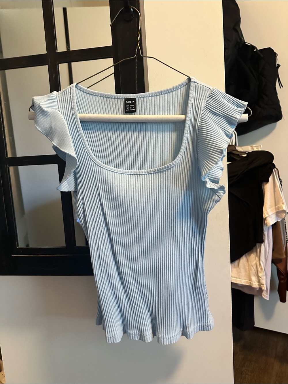 SHEIN Light Blue Ribbed Flutter-Sleeve Tank